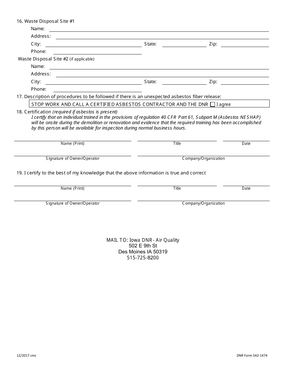 DNR Form 542-1474 Asbestos Notification of Bridge Demolition and Renovation - Iowa, Page 3