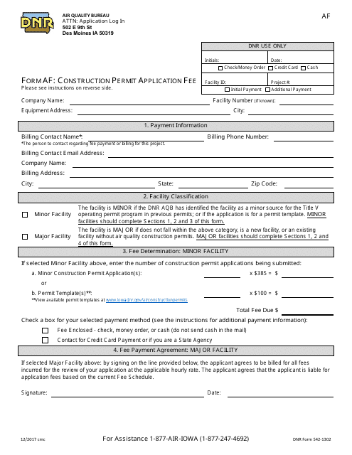 DNR Form 542-1302 (AF) Construction Permit Application Fee - Iowa
