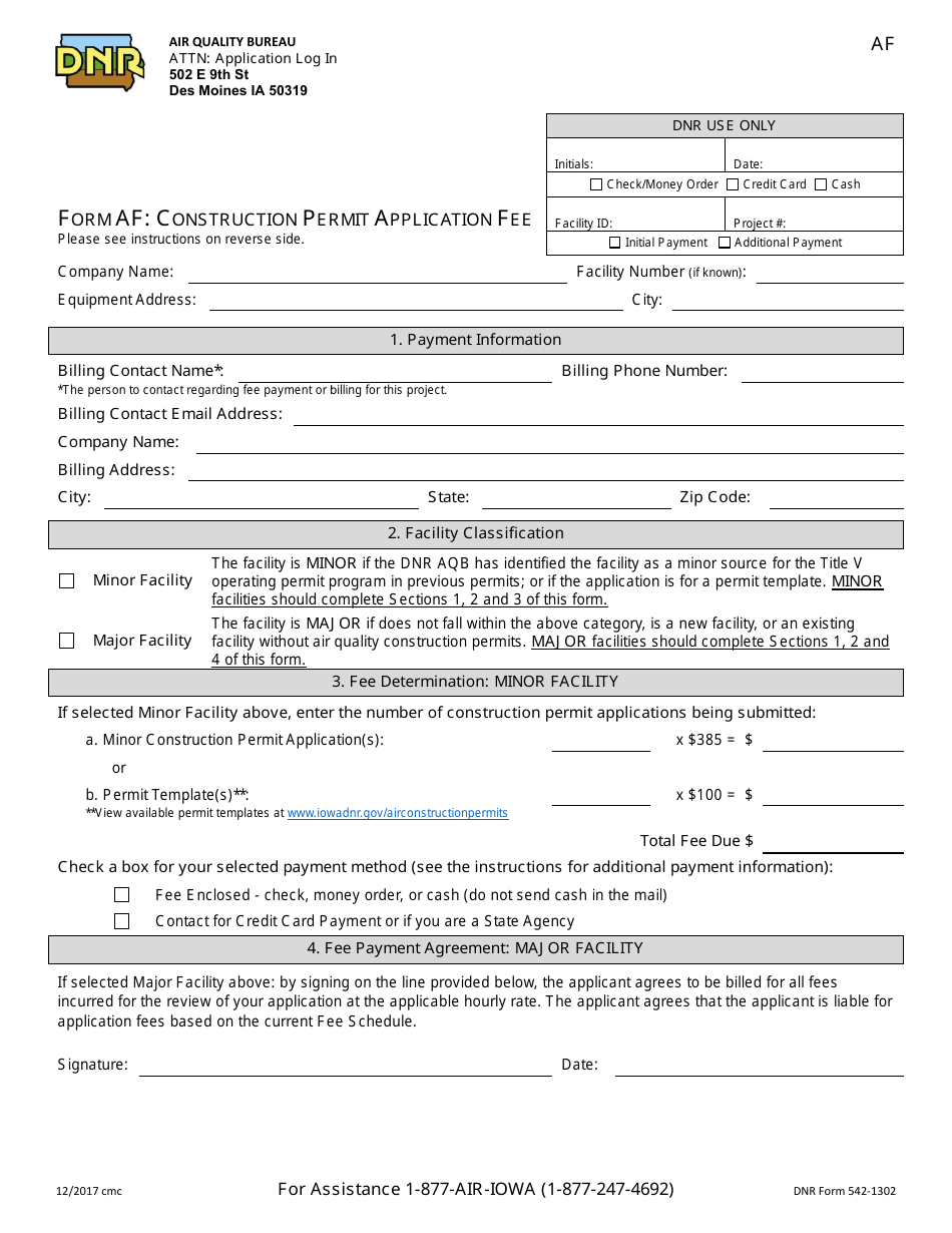 DNR Form 542-1302 (AF) Construction Permit Application Fee - Iowa, Page 1