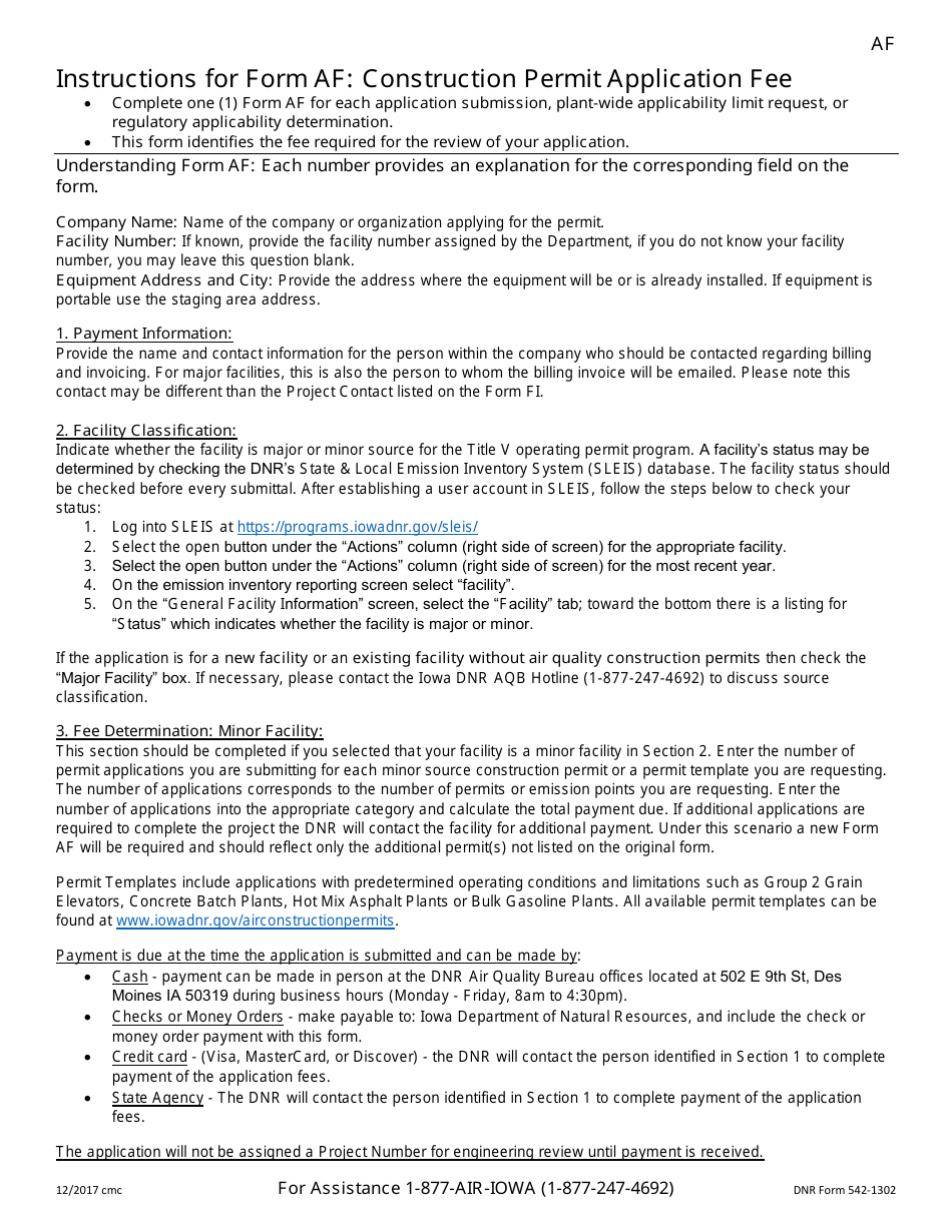 DNR Form 542-1302 (AF) Construction Permit Application Fee - Iowa, Page 2