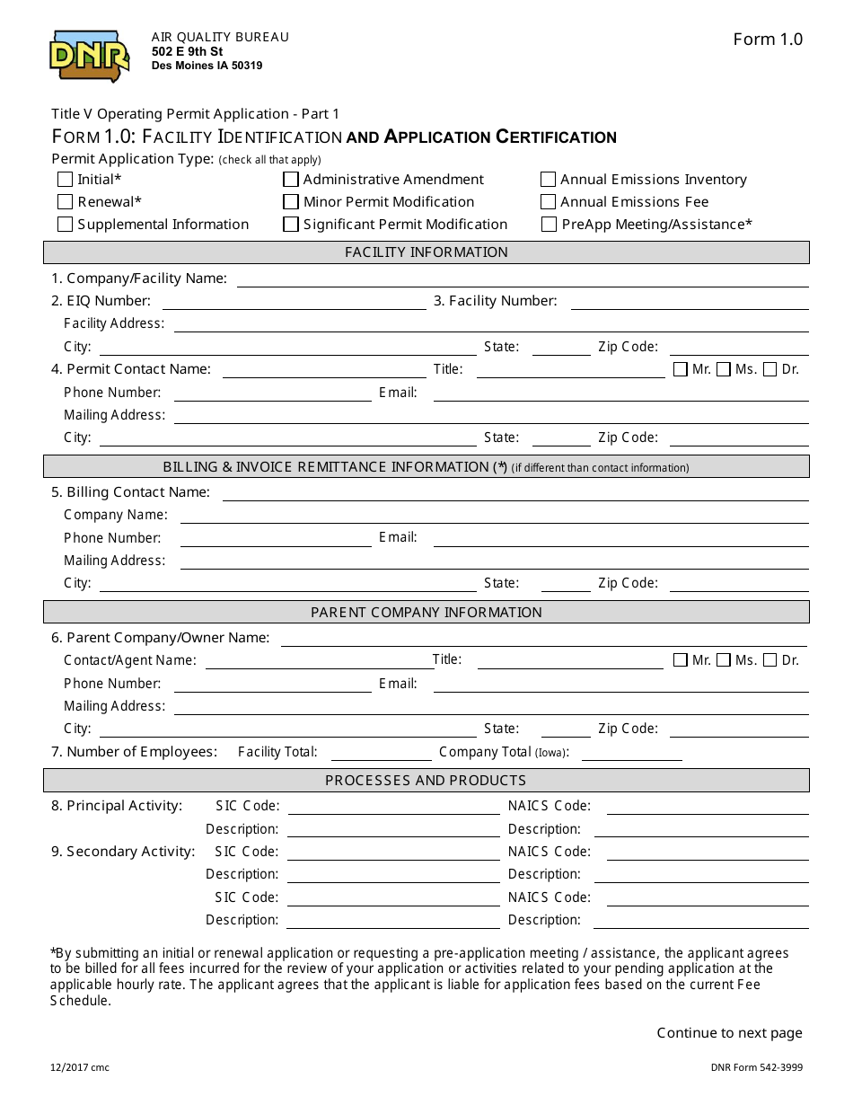 DNR Form 542-3999 (1.0) Facility Identification and Application Certification - Iowa, Page 1