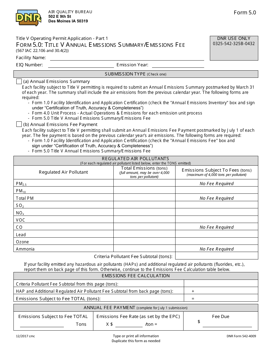 DNR Form 542-4009 (5.0) Part 1 Title V Annual Emissions Summaryummary / Emissions Fee - Iowa, Page 1