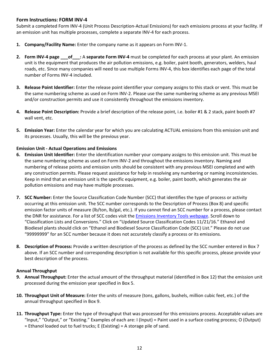 Instructions for Form INV-4, DNR Form 542-4002 Process Description - Actual Emissions - Iowa, Page 1