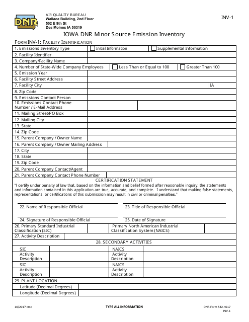 DNR Form 542-4017 (INV-1)  Printable Pdf