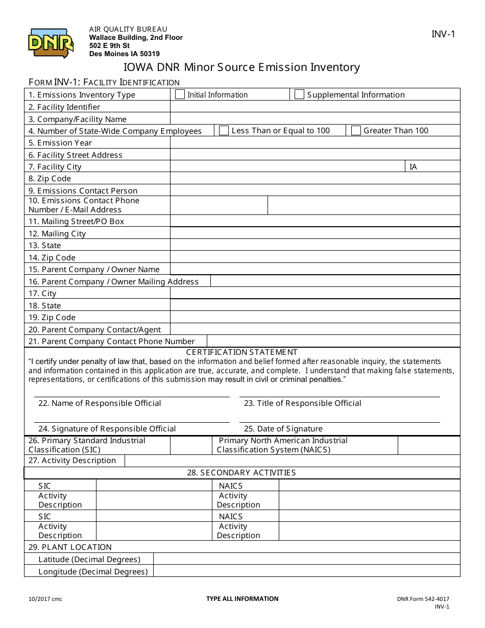 DNR Form 542-4017 (INV-1) Iowa DNR Minor Source Emission Inventory - Iowa, Page 1