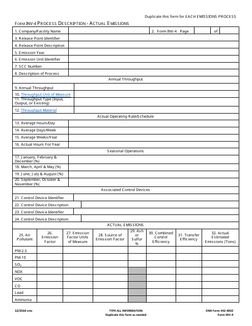 DNR Form 542-4002 (INV-4)  Printable Pdf