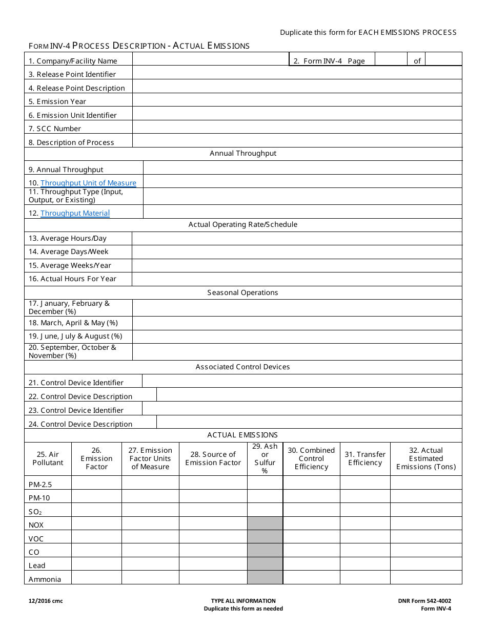 DNR Form 542-4002 (INV-4) Process Description - Actual Emissions - Iowa, Page 1