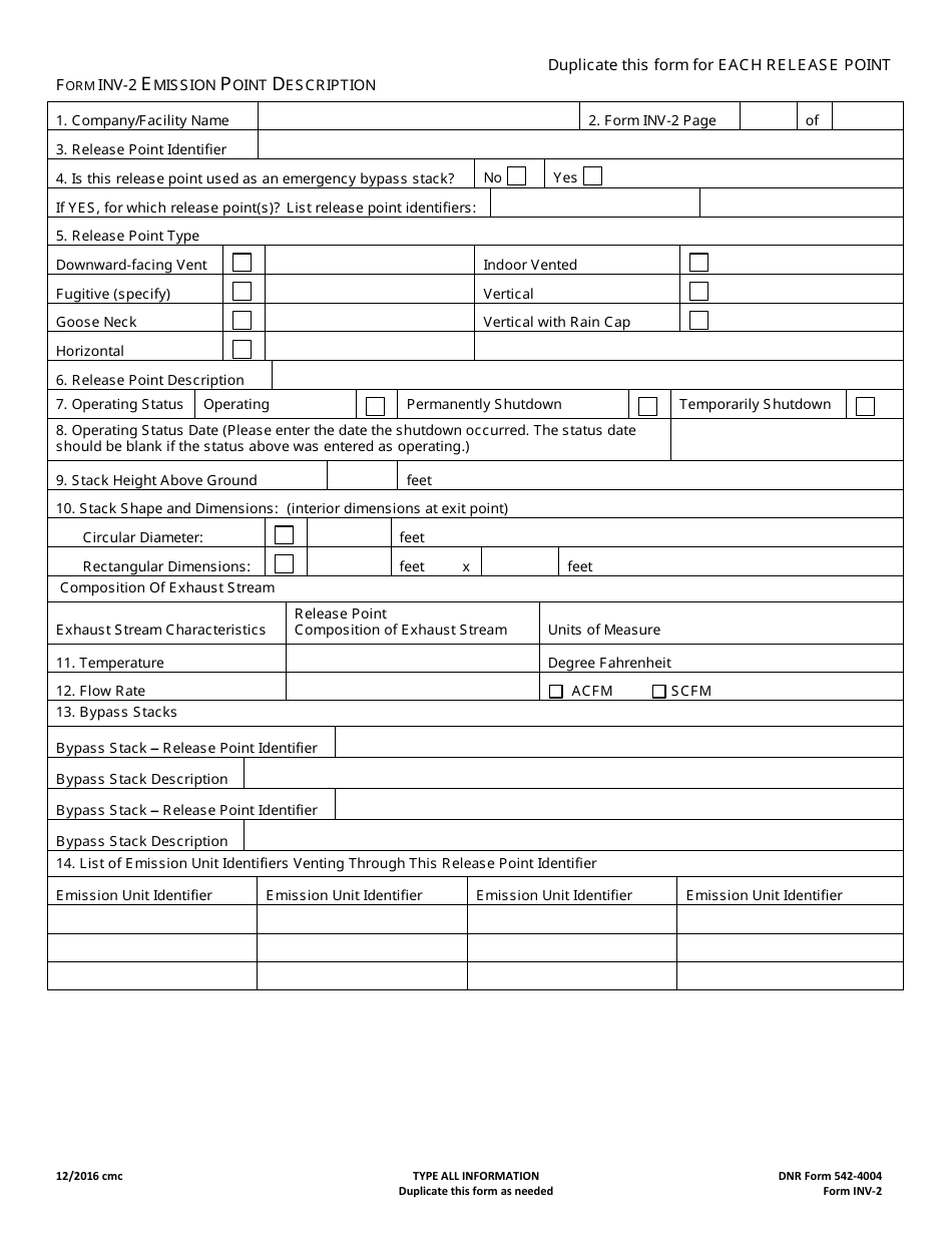 Form INV-2 (DNR Form 542-4004) Emission Point Description - Iowa, Page 1