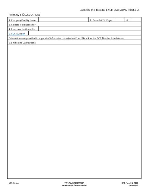 DNR Form 542-4003 (INV-5)  Printable Pdf