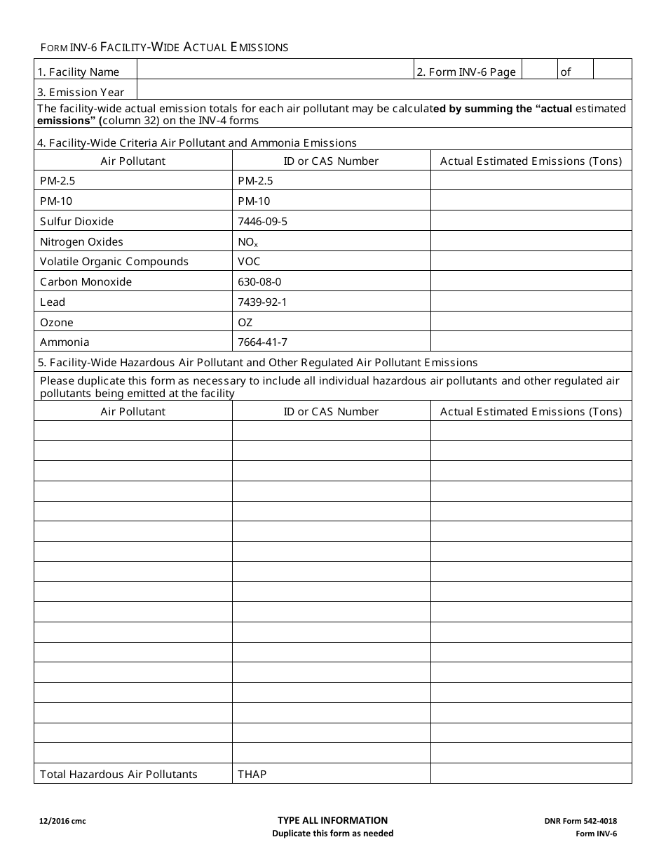 DNR Form 542-4018 (INV-6) Facility-Wide Actual Emissions - Iowa, Page 1