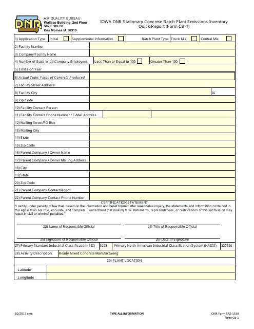 DNR Form 542-1538 (CB-1) Iowa DNR Stationary Concrete Batch Plant Emissions Inventory Quick Report - Iowa