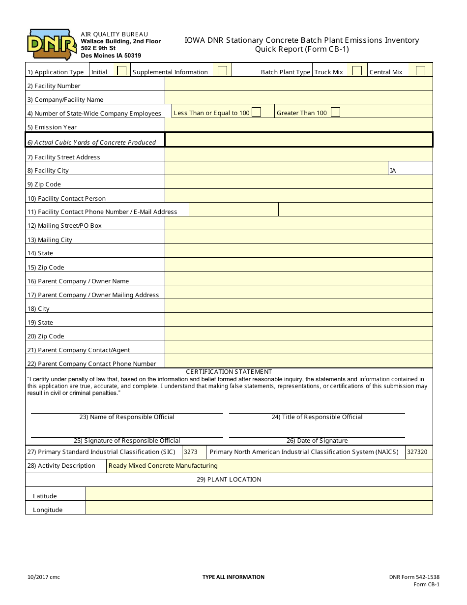 DNR Form 542-1538 (CB-1) Iowa DNR Stationary Concrete Batch Plant Emissions Inventory Quick Report - Iowa, Page 1