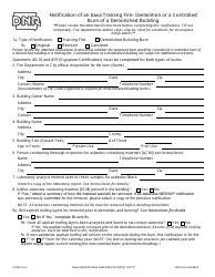 Document preview: DNR Form 542-8010 Notification of an Iowa Training Fire-Demolition or a Controlled Burn of a Demolished Building - Iowa