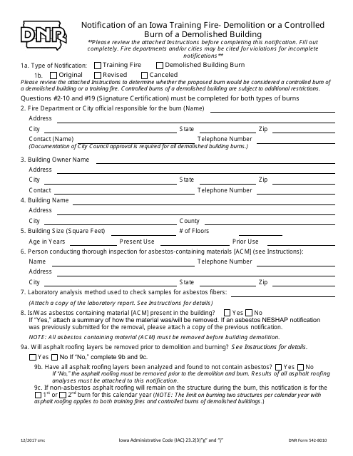 DNR Form 542-8010 Notification of an Iowa Training Fire-Demolition or a Controlled Burn of a Demolished Building - Iowa