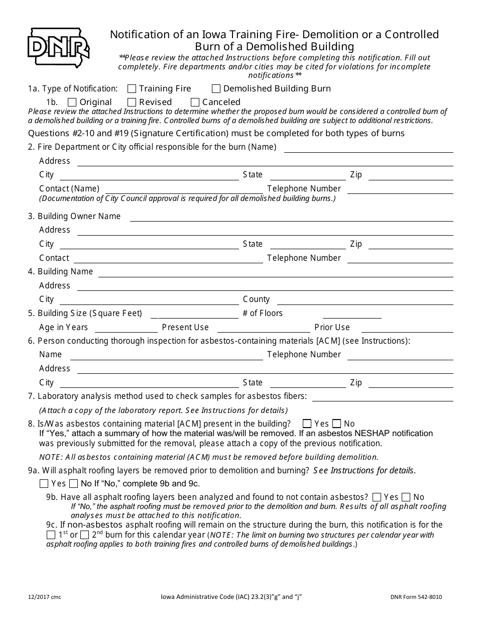DNR Form 542-8010 Notification of an Iowa Training Fire-Demolition or a Controlled Burn of a Demolished Building - Iowa, Page 1
