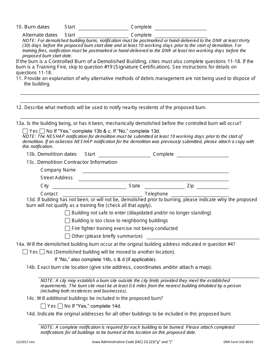 DNR Form 542-8010 Notification of an Iowa Training Fire-Demolition or a Controlled Burn of a Demolished Building - Iowa, Page 2