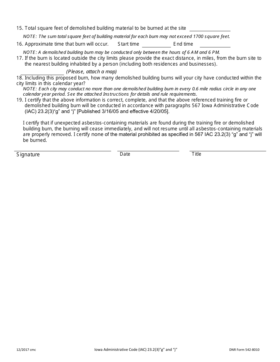 DNR Form 542-8010 Notification of an Iowa Training Fire-Demolition or a Controlled Burn of a Demolished Building - Iowa, Page 3