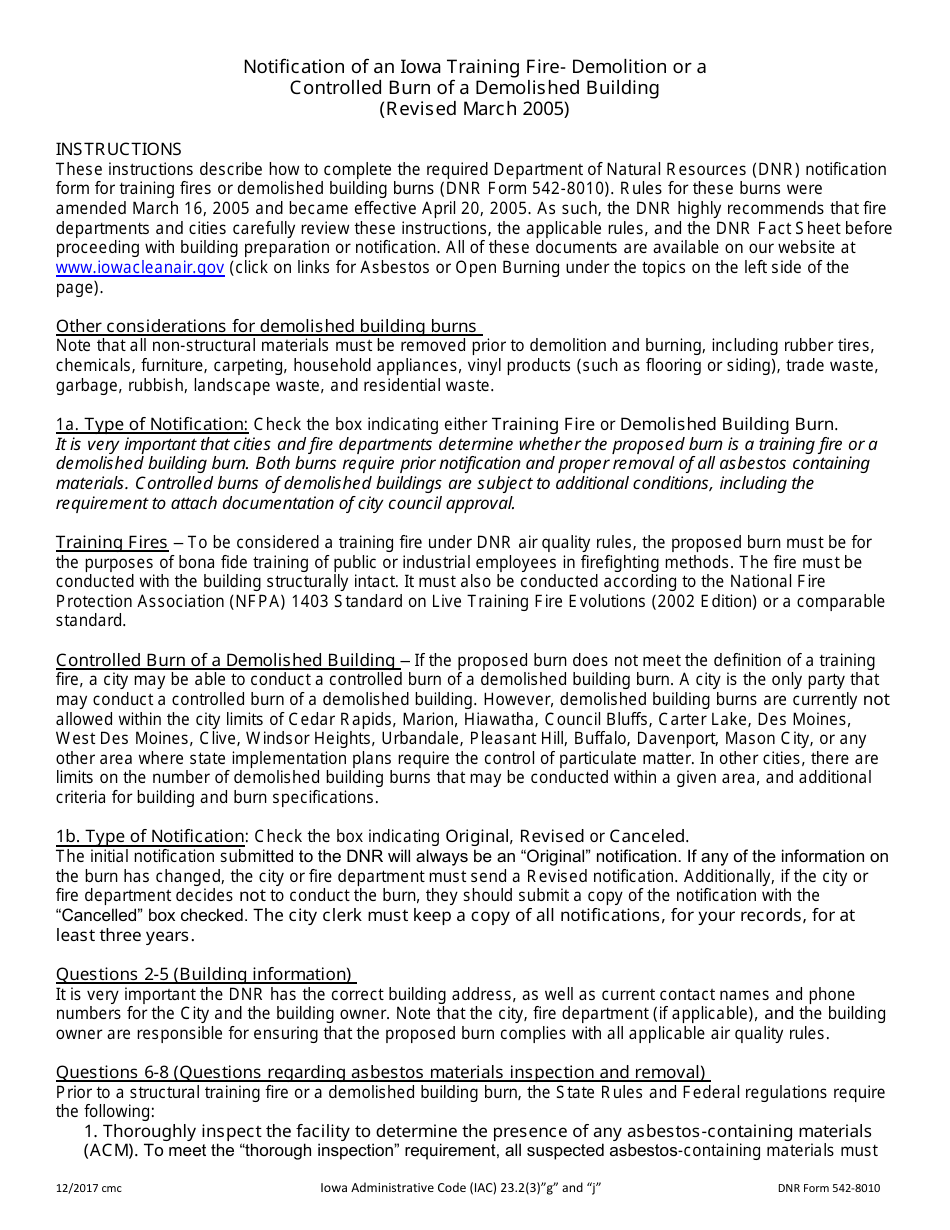 DNR Form 542-8010 Notification of an Iowa Training Fire-Demolition or a Controlled Burn of a Demolished Building - Iowa, Page 4