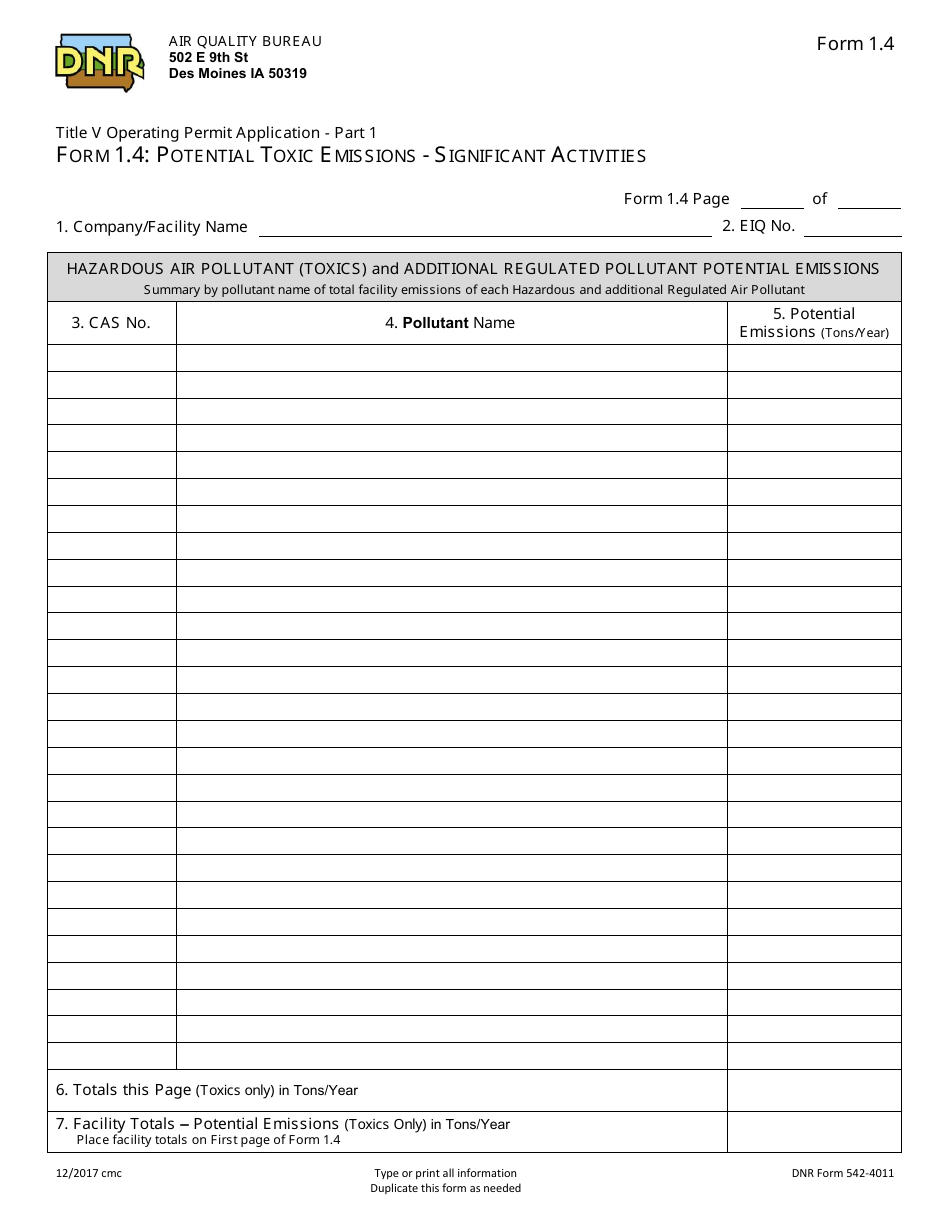 DNR Form 542-4011 (1.4) Part 1 Title V Operating Permit Application - Potential Toxic Emissions - Significant Activities - Iowa, Page 1