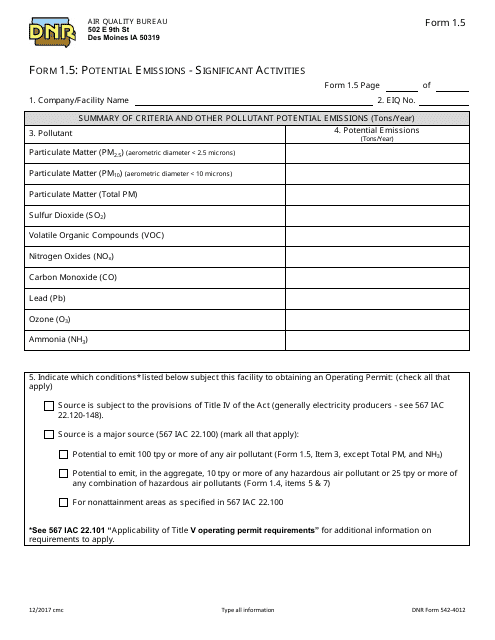 DNR Form 542-4012 (1.5)  Printable Pdf