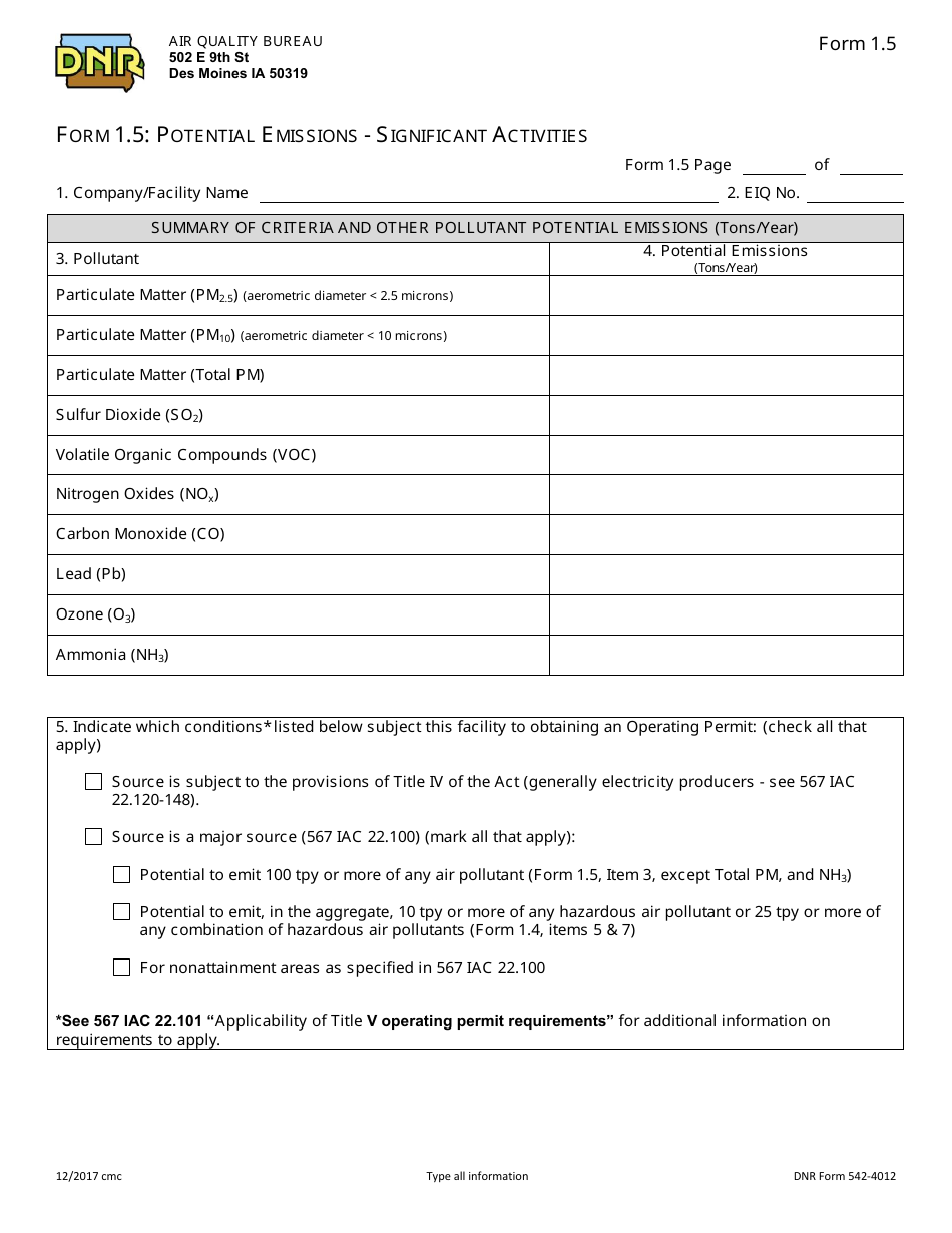 DNR Form 542-4012 (1.5) Potential Emissions - Significant Activities - Iowa, Page 1