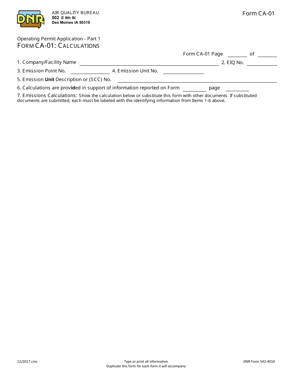 DNR Form 542-4010 (CA-01) Part 1 Operating Permit Application - Calculations - Iowa, Page 1