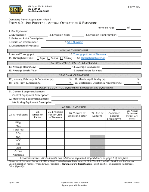 DNR Form 542-4007 (4.0) Part 1 Operating Permit Application - Unit Process - Actual Operations & Emissions - Iowa