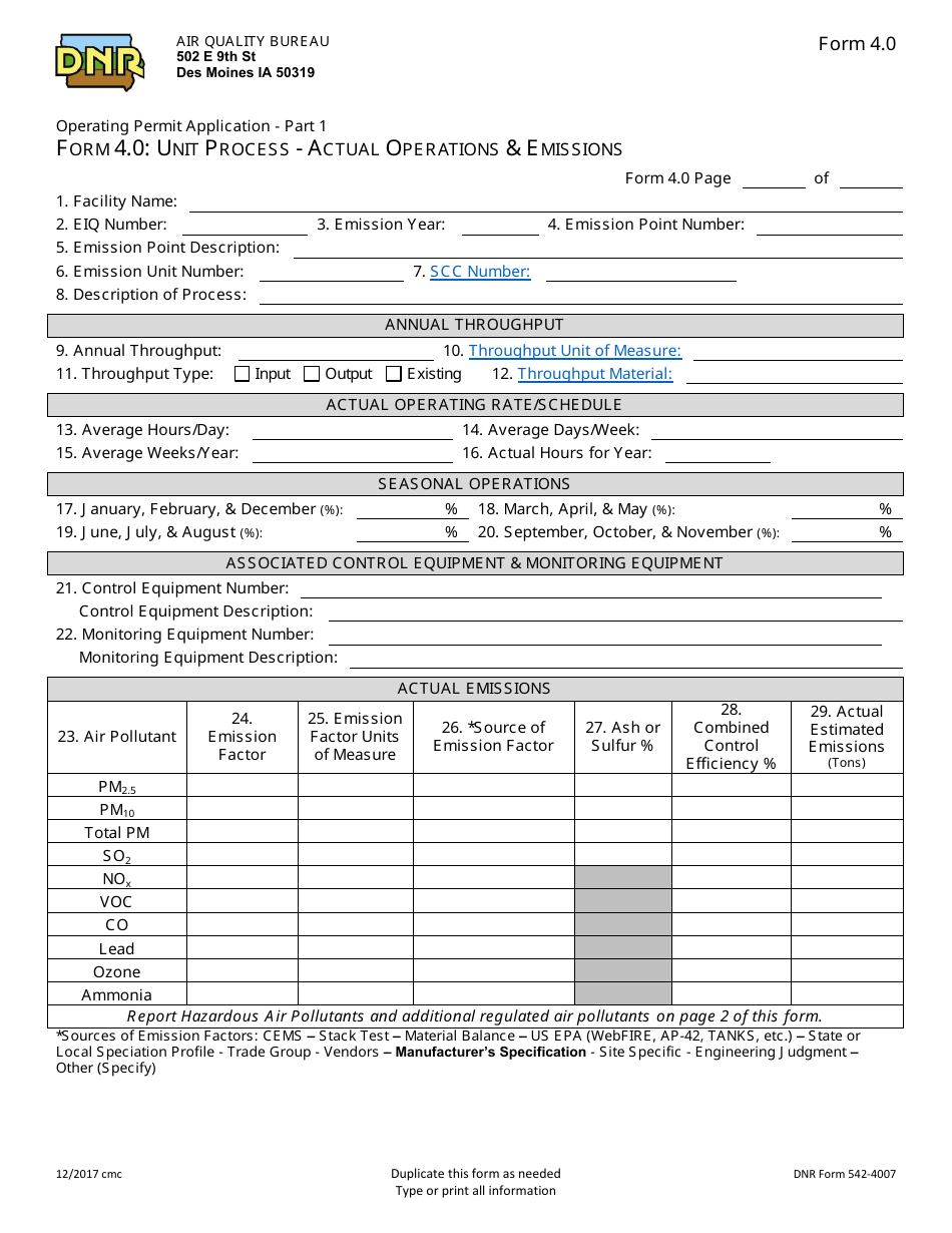 DNR Form 542-4007 (4.0) Part 1 Operating Permit Application - Unit Process - Actual Operations  Emissions - Iowa, Page 1