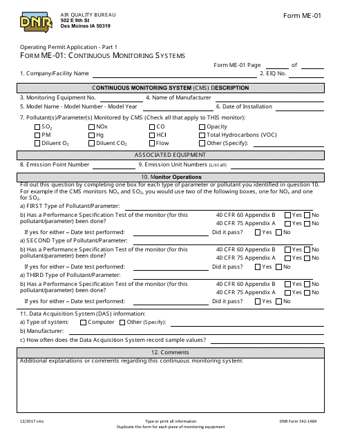 Form ME-01 (DNR Form 542-1484) Continuous Monitoring Systems - Iowa