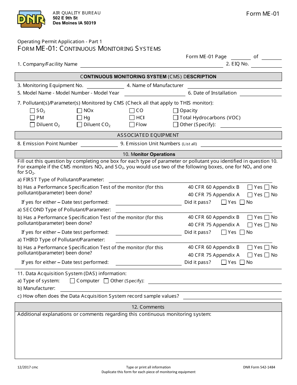 Form ME-01 (DNR Form 542-1484) Continuous Monitoring Systems - Iowa, Page 1