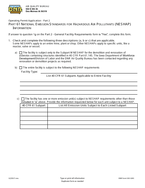 DNR Form 542-1041 Part 2 Operating Permit Application - Part 61 National Emission Standards for Hazardous Air Pollutants (Neshap) Information - Iowa
