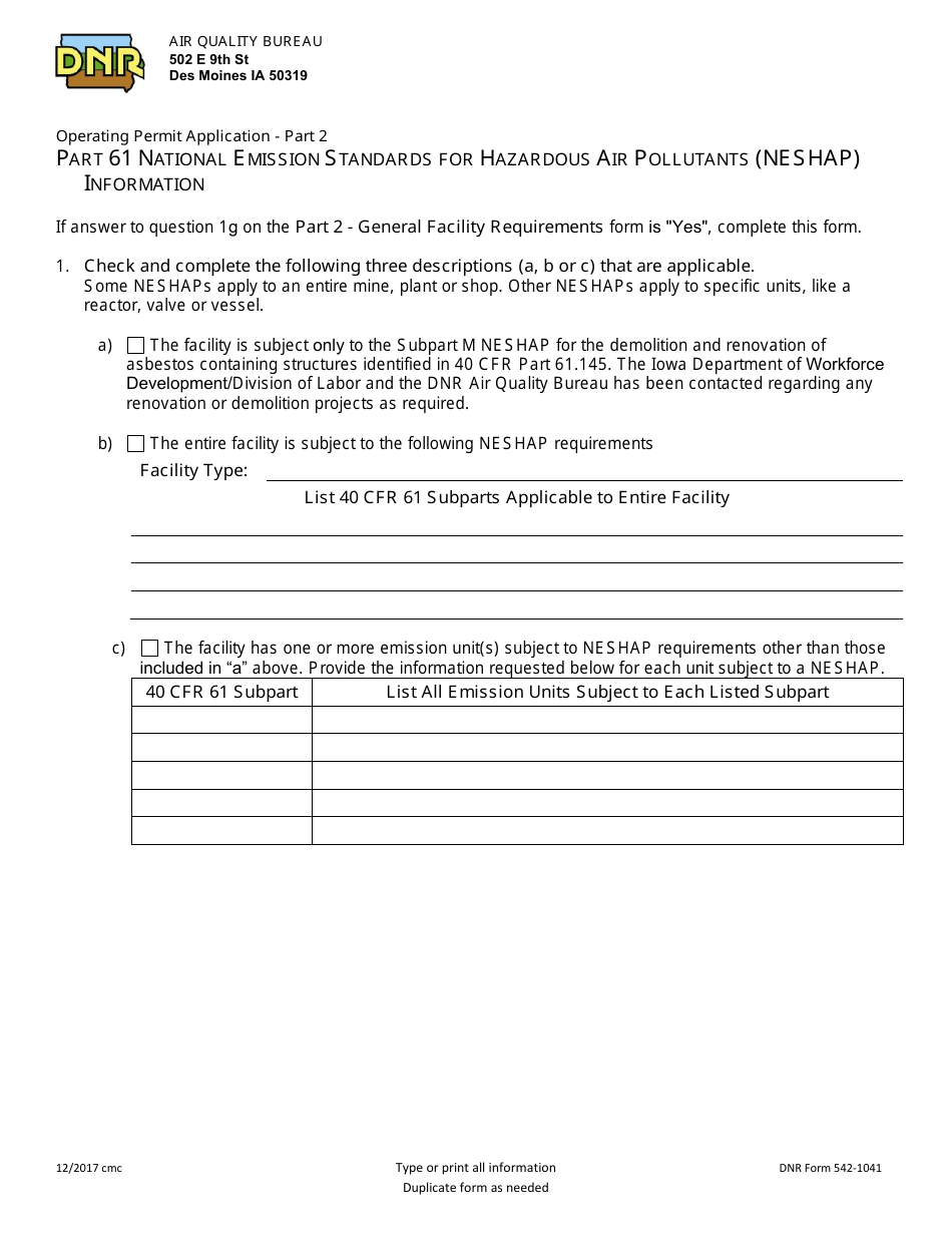 DNR Form 542-1041 Part 2 Operating Permit Application - Part 61 National Emission Standards for Hazardous Air Pollutants (Neshap) Information - Iowa, Page 1