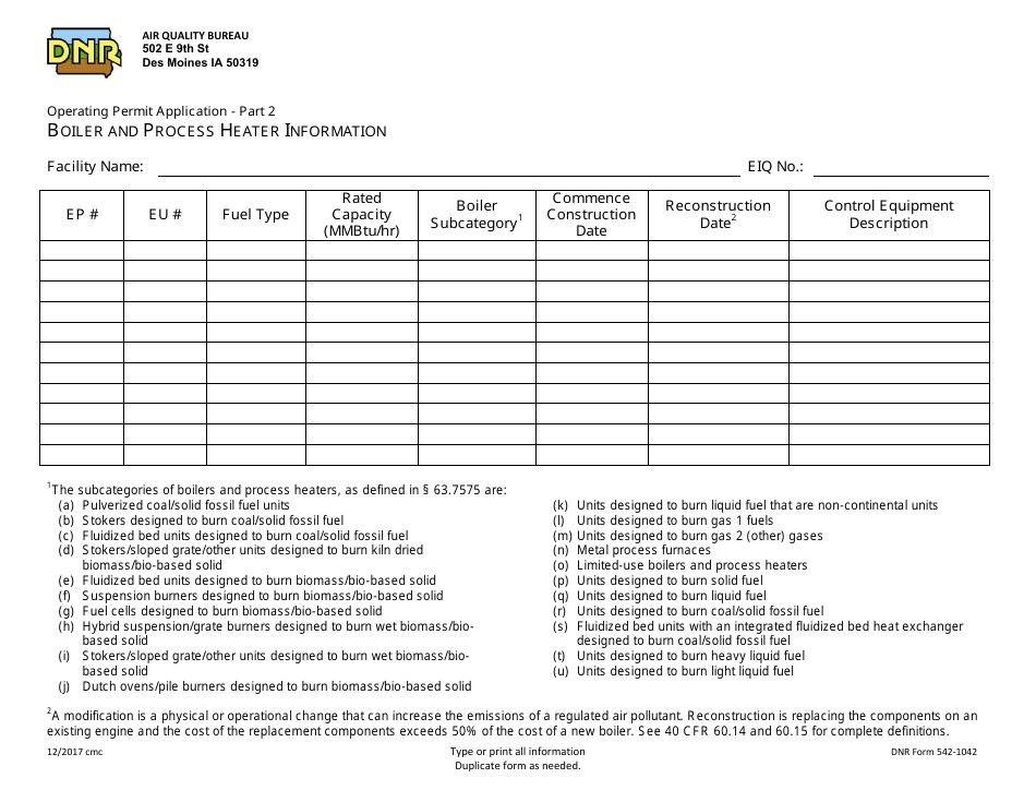 DNR Form 542-1042 Part 2 Operating Permit Application - Boiler and Process Heater Information - Iowa, Page 1