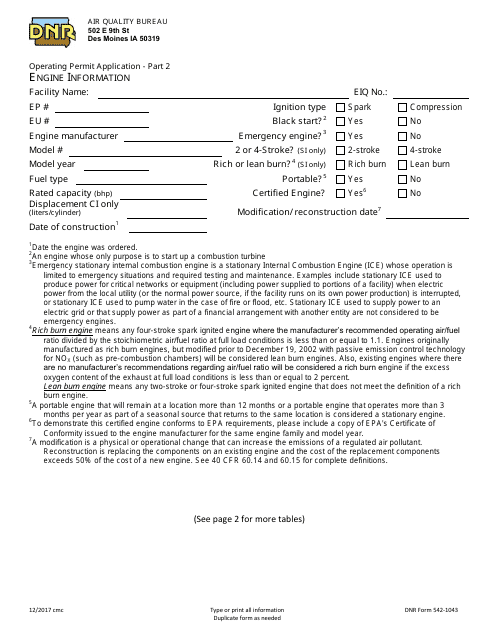 DNR Form 542-1043 Part 2 Operating Permit Application - Engine Information - Iowa
