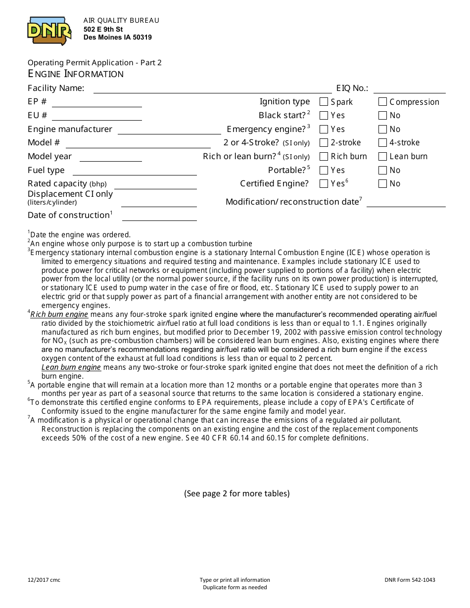 DNR Form 542-1043 Part 2 Operating Permit Application - Engine Information - Iowa, Page 1