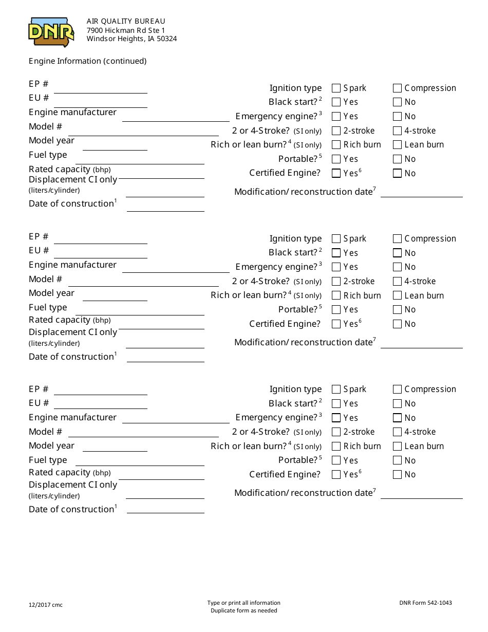 DNR Form 542-1043 Part 2 Operating Permit Application - Engine Information - Iowa, Page 2