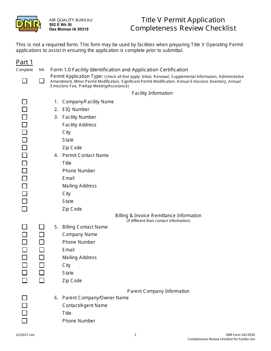 DNR Form 542-0592 Title V Permit Application Completeness Review Checklist - Iowa, Page 1