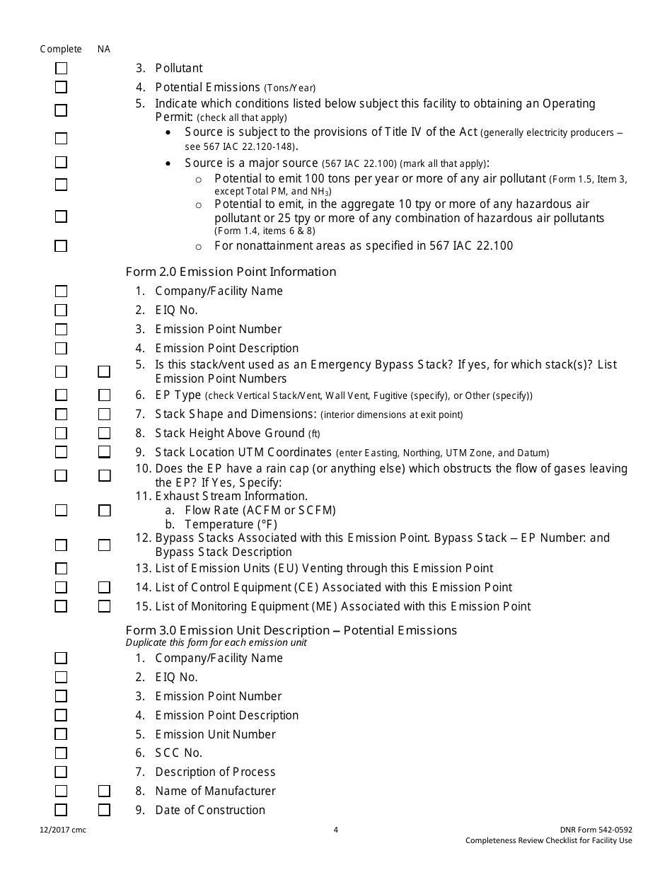 DNR Form 542-0592 Title V Permit Application Completeness Review Checklist - Iowa, Page 4
