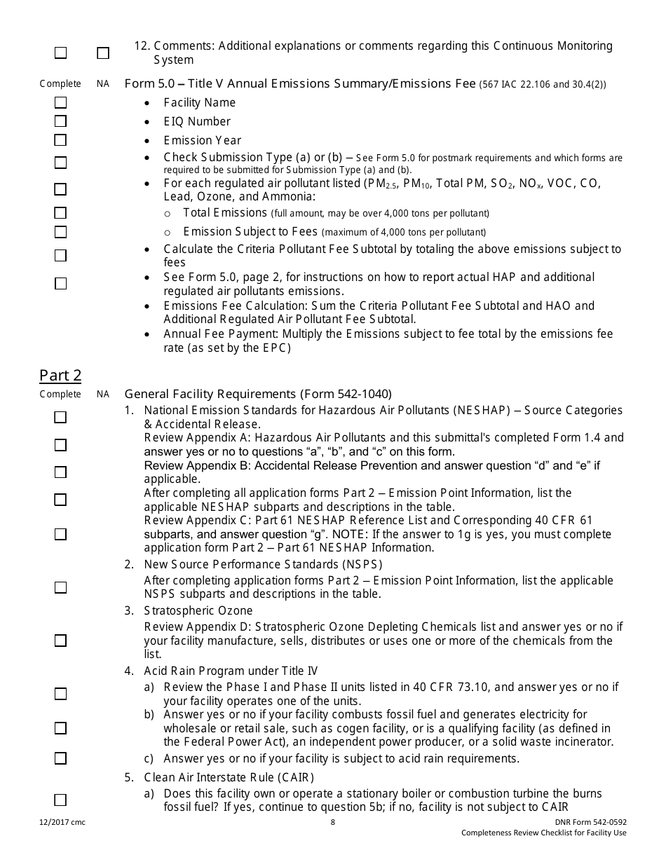 DNR Form 542-0592 Title V Permit Application Completeness Review Checklist - Iowa, Page 8