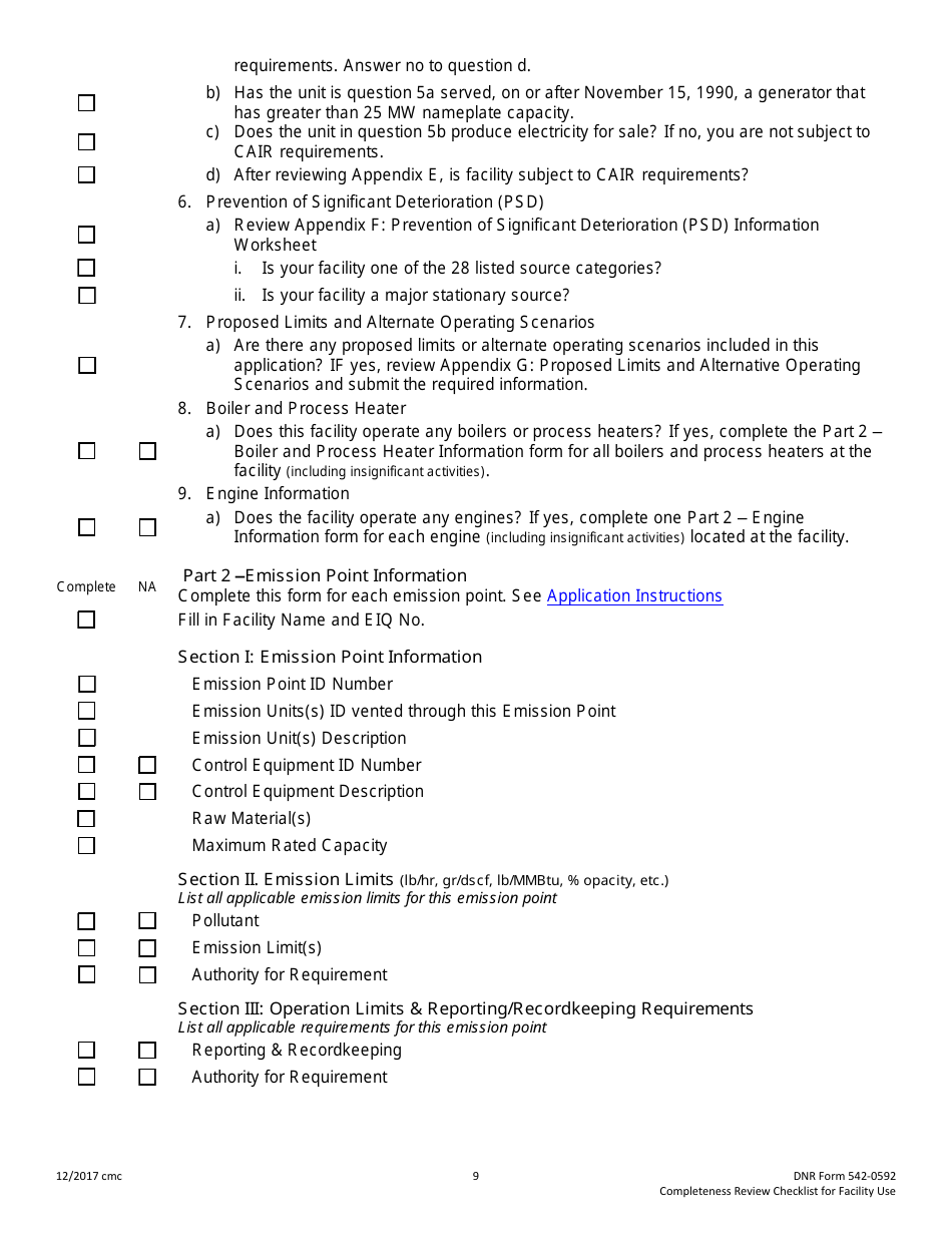 DNR Form 542-0592 Title V Permit Application Completeness Review Checklist - Iowa, Page 9