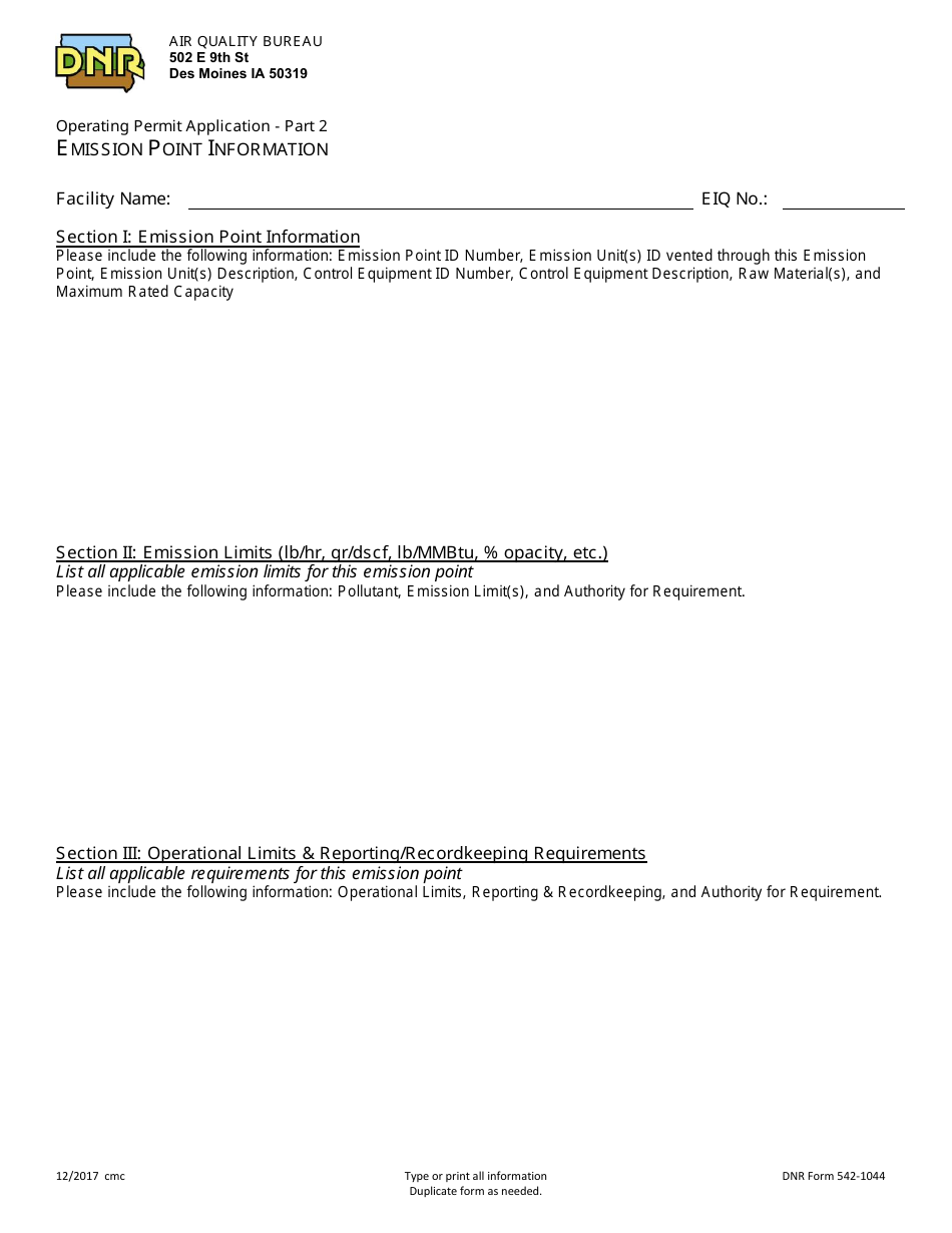 DNR Form 542-1044 Part 2 Operating Permit Application - Emission Point Information - Iowa, Page 1