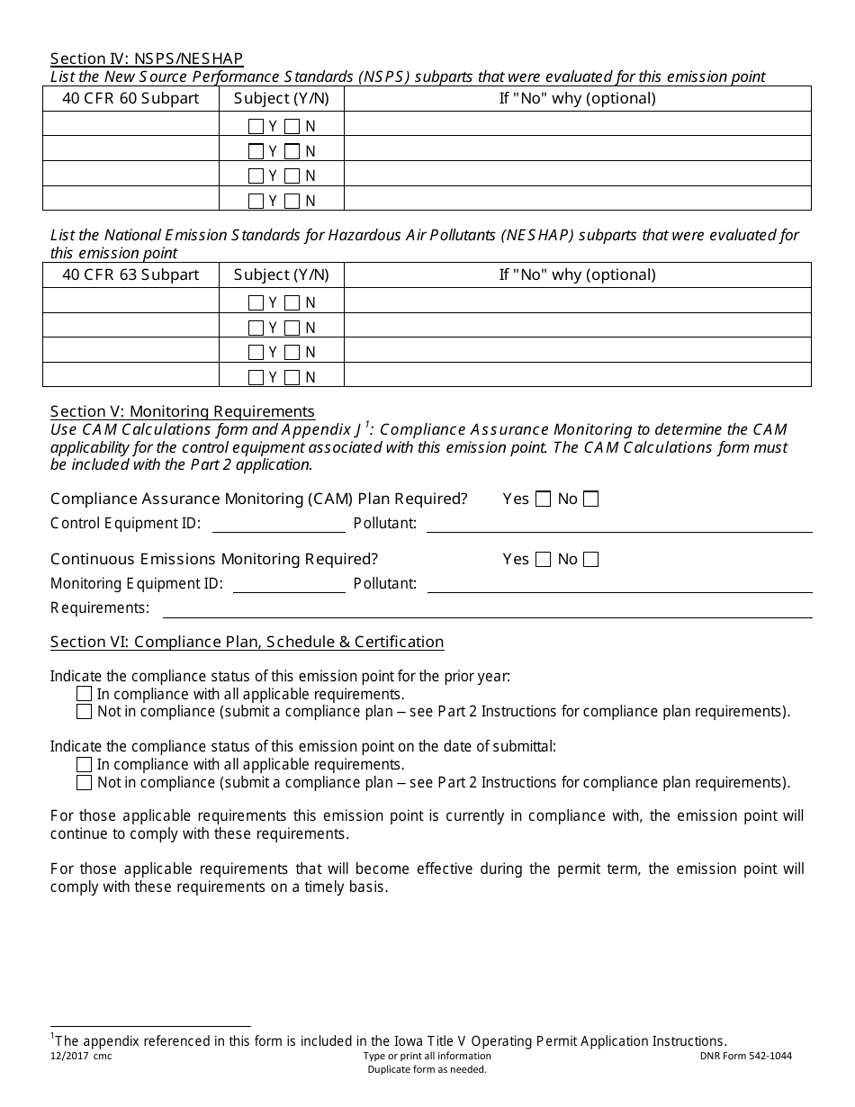 DNR Form 542-1044 Part 2 Operating Permit Application - Emission Point Information - Iowa, Page 2