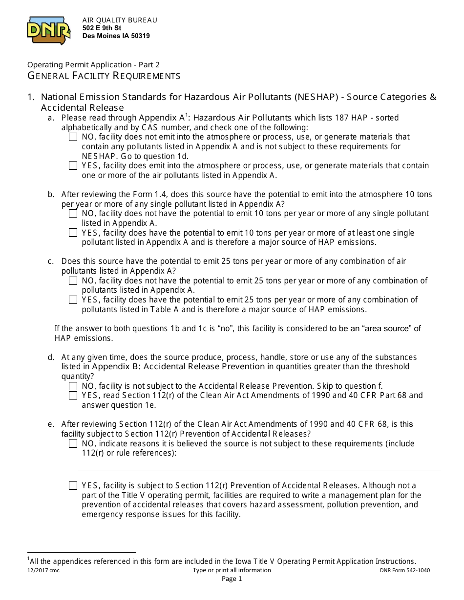 DNR Form 542-1040 Part 2 General Facility Requirements - Iowa, Page 1