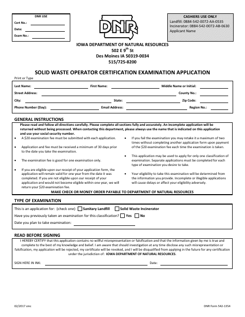DNR Form 542-1354 Solid Waste Operator Certification Examination Application - Iowa