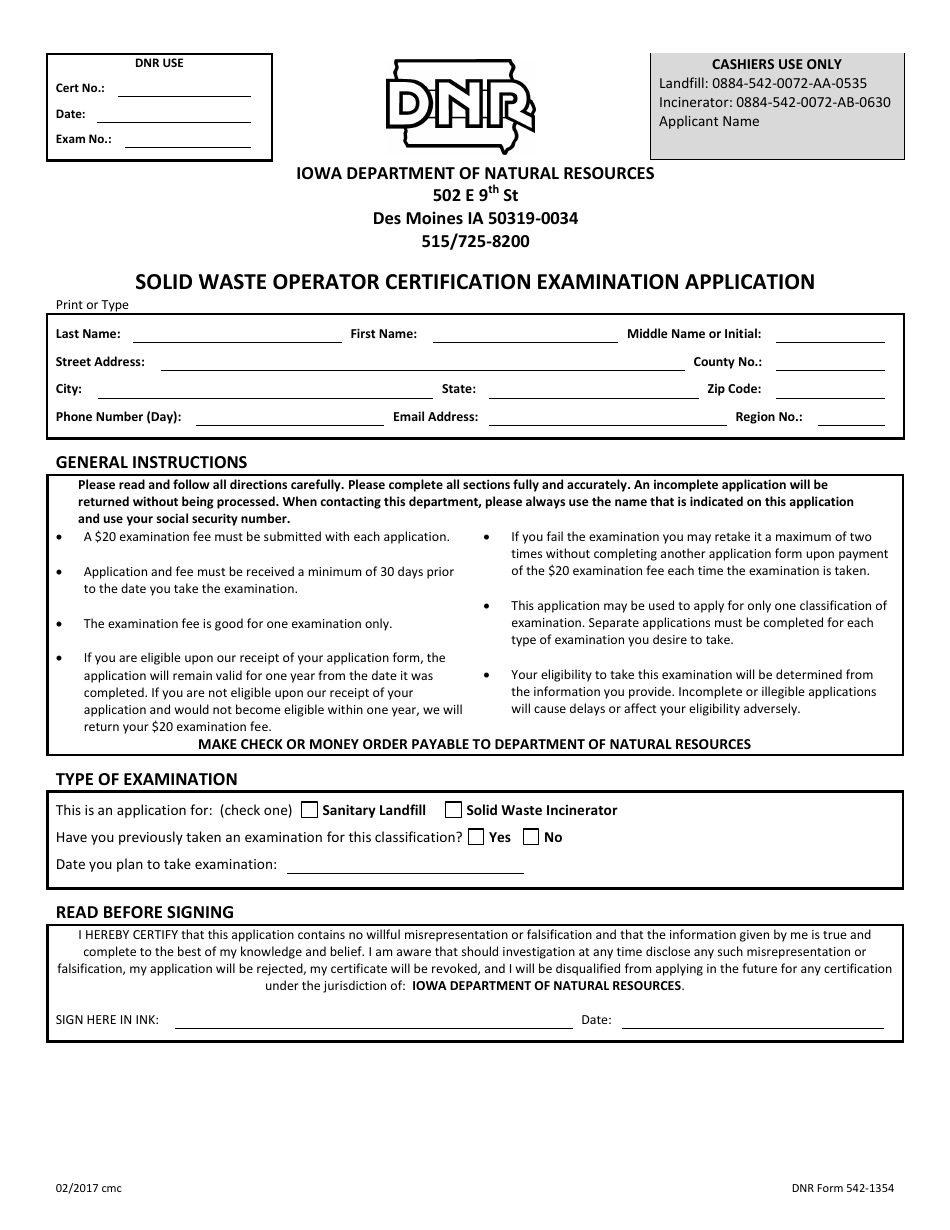 DNR Form 542-1354 Solid Waste Operator Certification Examination Application - Iowa, Page 1