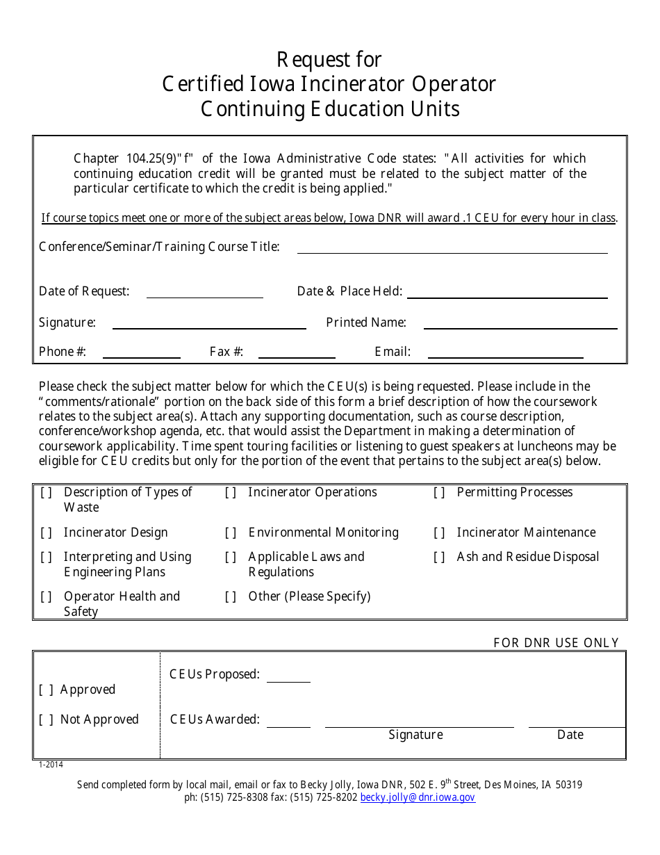 Request for Certified Iowa Incinerator Operator Continuing Education Units - Iowa, Page 1