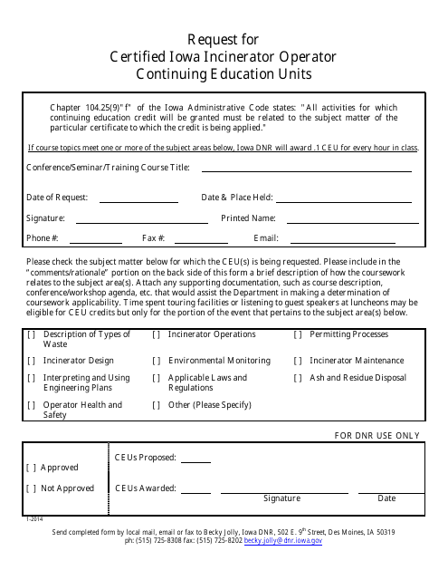 Request for Certified Iowa Incinerator Operator Continuing Education Units - Iowa Download Pdf
