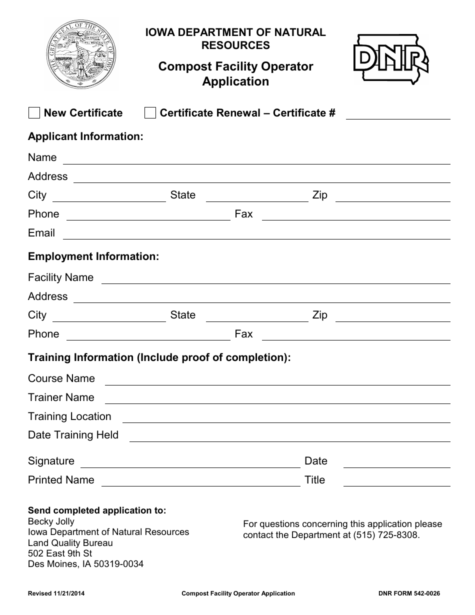 DNR Form 542-0026 Compost Facility Operator Application - Iowa, Page 1