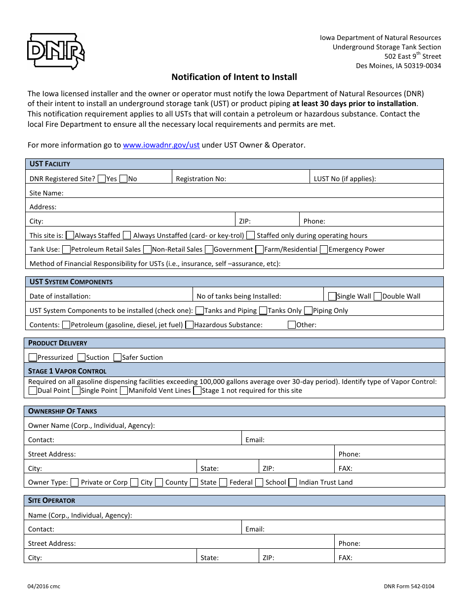 DNR Form 542-0104 Notification of Intent to Install - Iowa, Page 1