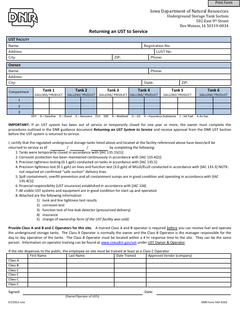 DNR Form 542-0103  Printable Pdf